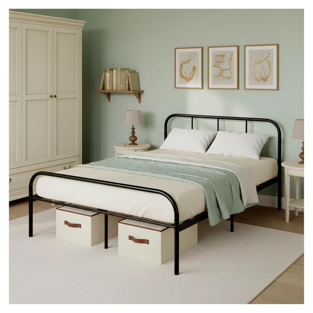 Bettgestell 140 x 190 cm mit Kopf- und Fußteil, geeignet für Schlafzimmer und Gästezimmer, Stauraum unter dem Bett, Schwarz