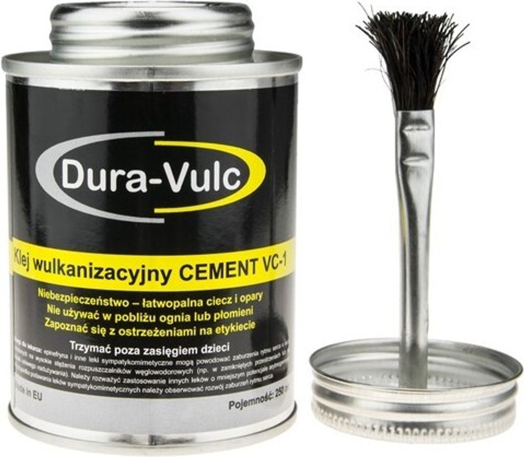 A can of Dura-Vulc Vulkanisationskleber for tires and a brush are shown against a white background.