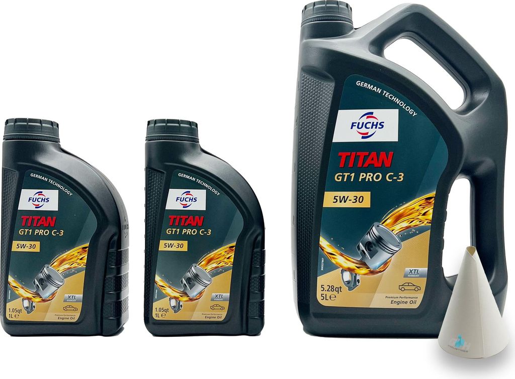 Three bottles of motor oil are displayed on a white background. A small funnel is also visible to the right of the largest bottle.