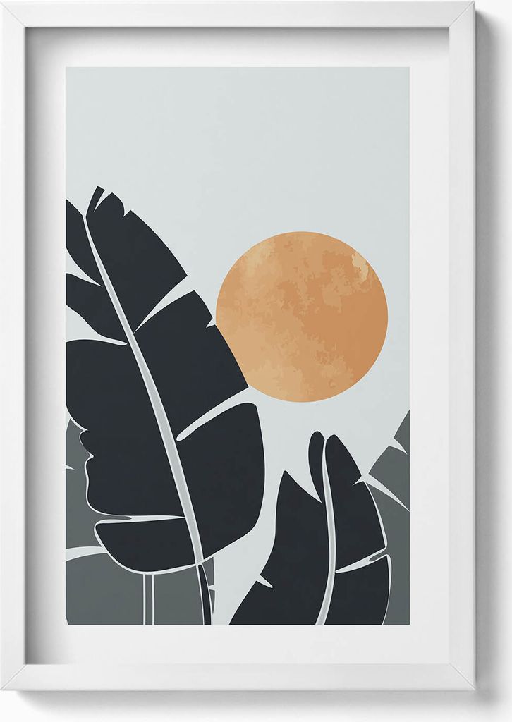 Minimalistische Pflanzen und Sonne im Boho-Stil– Wandbild mit Rahmen – Gerahmtes Bild – Wanddekoration – 40x60 cm – Weiß