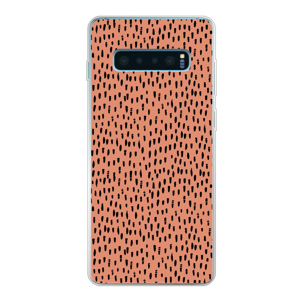 MuchoWow Handyhülle Schutzhülle Hülle für Samsung Galaxy S10 Plus Polka dots - Schwarz - Orange Silikon Softcase Handy Hülle - Schutzhülle