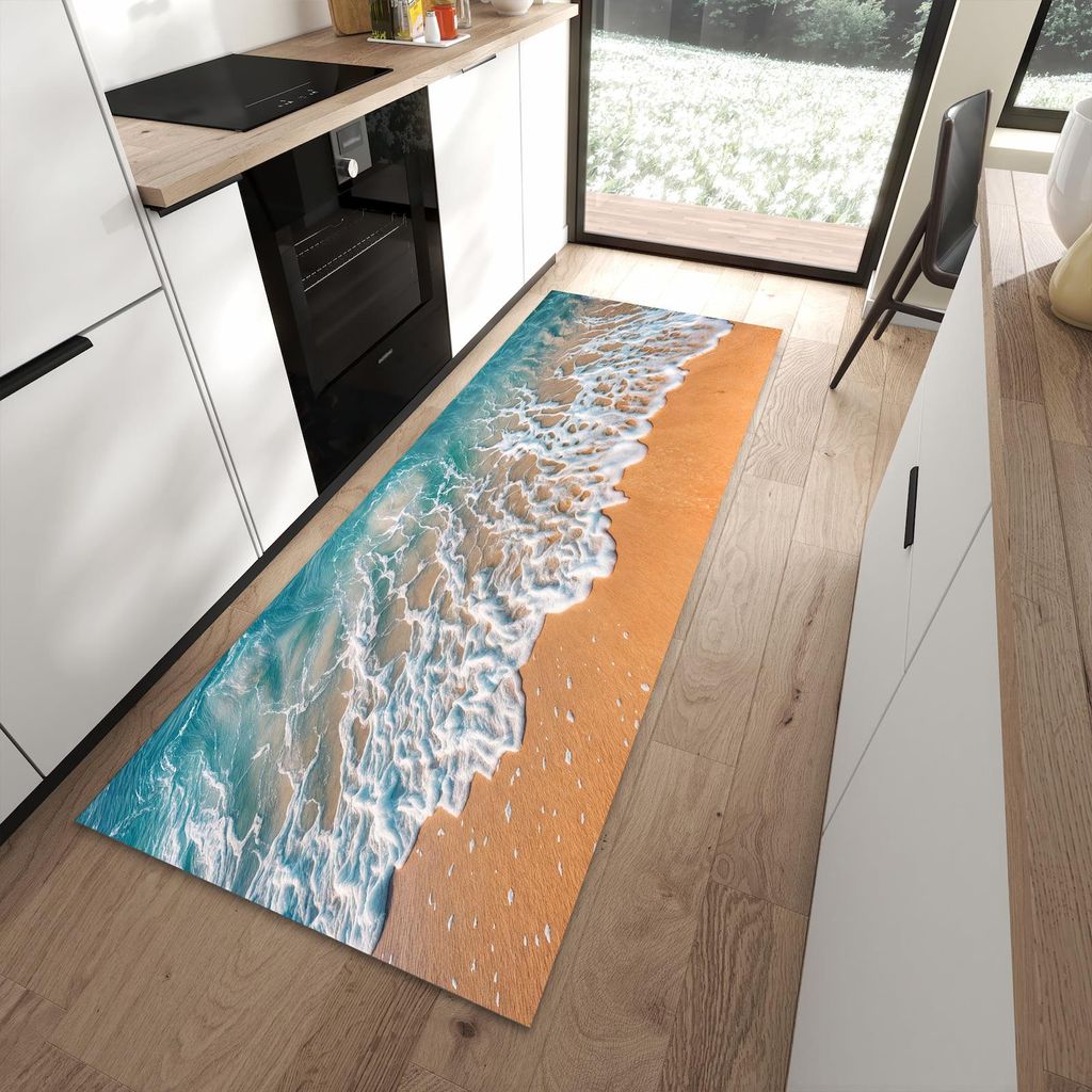 Küchenteppich 90x240cm rutschfest & abwischbar PVC Läufer - Strand und Wellen