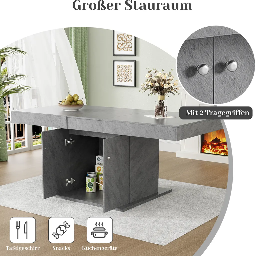 Table rectangulaire grise extensible 180cm avec rangement pratique