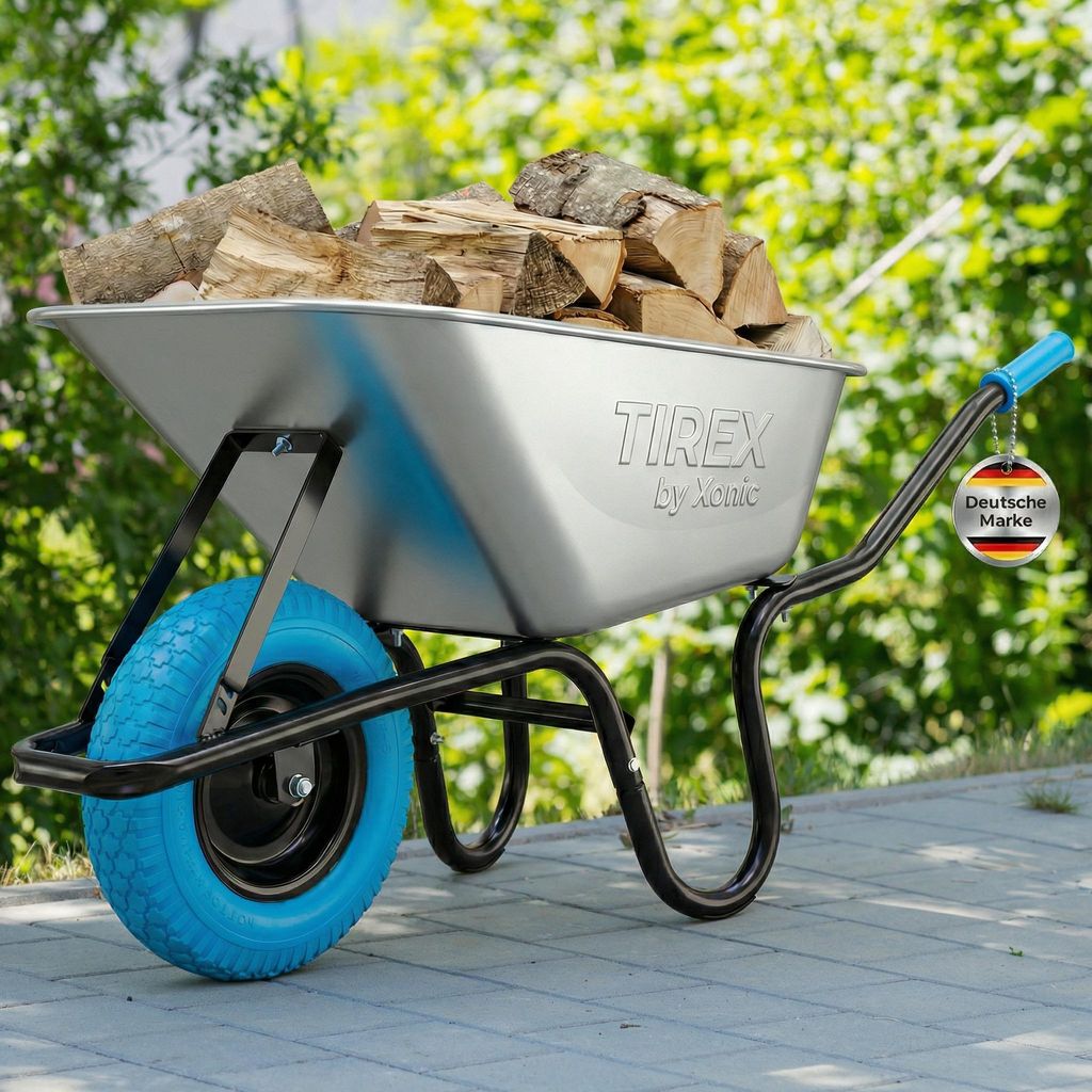 TIREX by xonic Schubkarre mit Stahlfelge – Verzinkte Wanne bis 250kg/ 100l PolyurethanPU Blau Silber