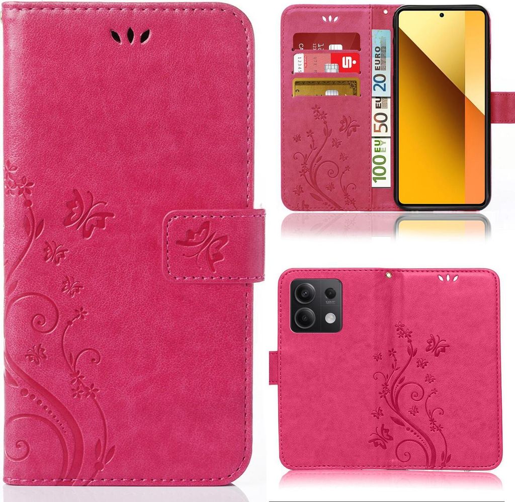 Handy Tasche für Xiaomi Redmi Note 13 5G Schutz Hülle Handyhülle mit Blumenmuster Klapp Hülle mit Standfunktion und Kartenfächer Pink
