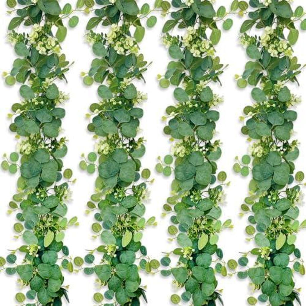 4 teiliges Eukalyptus Girlande, 1.8m Grüne Blätter Künstliche Girlande Pflanze mit Weiße Blumen, Eukalyptus Deko für Hintergrund Hochzeit Deko...