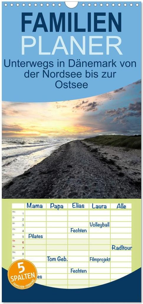 Familienplaner 2026 - Unterwegs in Dänemark von der Nordsee bis zur Ostsee mit 5 Spalten (Wandkalender, 21 x 45 cm) CALVENDO