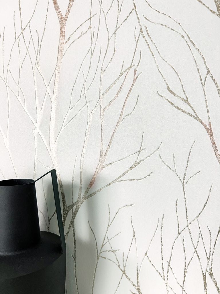 NEWROOM Tapete Weiß Vliestapete Äste - Blumentapete Floral Rosegold Zweige Äste Romantisch Zweige