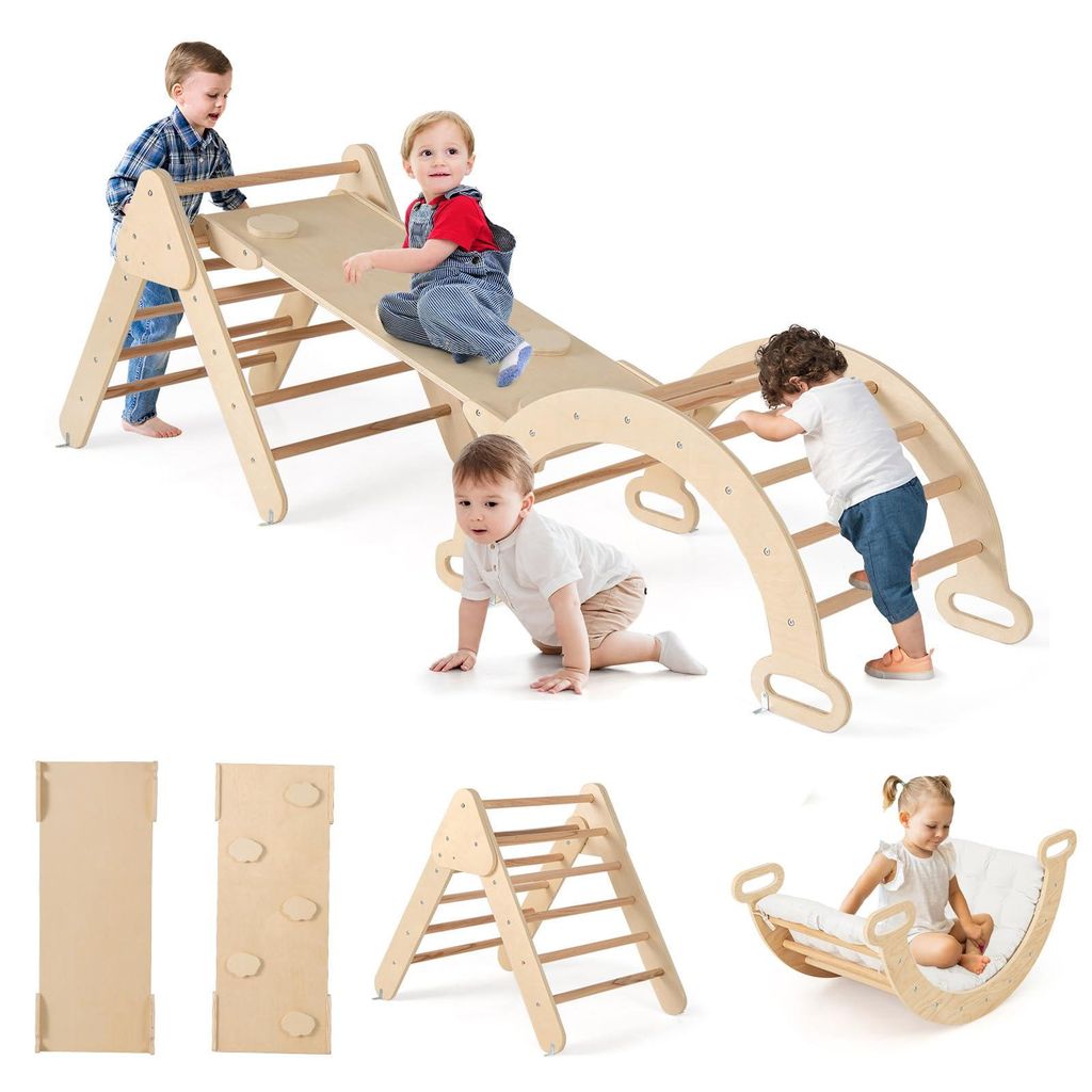 GOPLUS Klettergerüst Indoor, 4 in 1 Kletterdreieck & Kletterbogen & Leiter, Sprossendreieck Spielplatz zum Klettern, Wippen, Kletterdreieck ab 1 J...