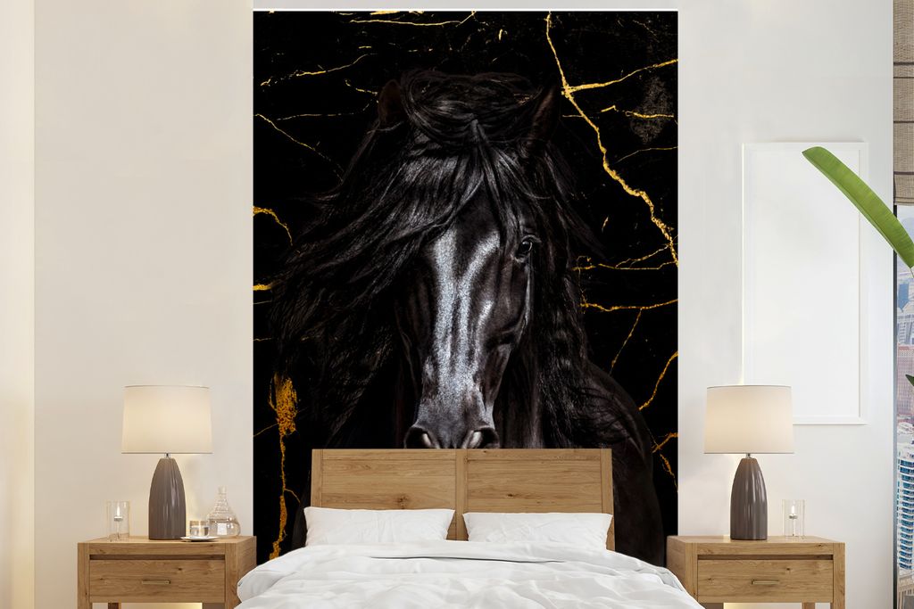 MuchoWow Fototapete für Wohnzimmer oder Schlafzimmer Wandtapete Vinyl Motivtapete Pferd - Gold - Marmor - 200x300 cm - Wanddekorationen
