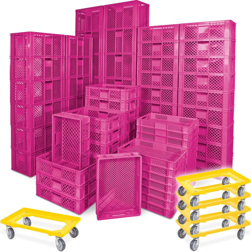 78 Stück Stapelkörbe/Bäckerkästen in 5 Größen, Grundmaß LxB 600 x 400 mm, H 90 mm, 150 mm, 240 mm, 320 mm, 410 mm, Farbe pink + 5x Transport...