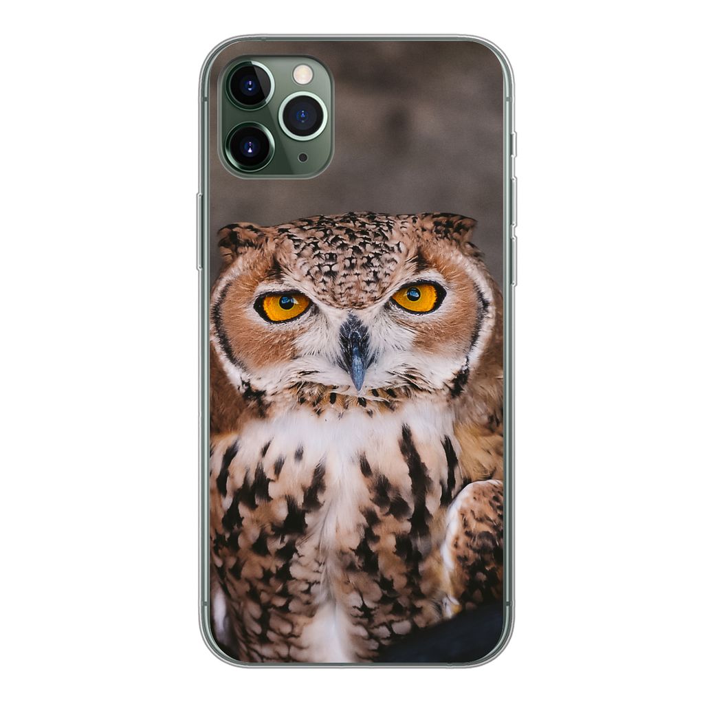 MuchoWow Handyhülle Schutzhülle Hülle für iPhone 11 Pro Max Braune Eule schaut direkt in die Kamera Silikon Softcase Handy Hülle - Schutz