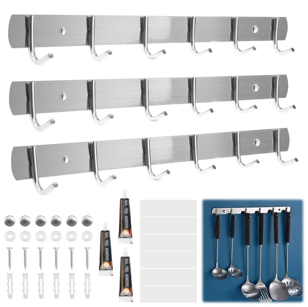 Portemanteau mural pour cuisine et salle de bain inox - Lot de 3 barres