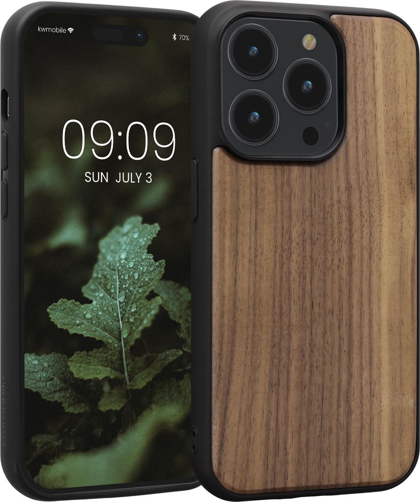 kwmobile Hülle kompatibel mit Apple iPhone 14 Pro Hülle - Holz Case - stoßfestes Handy Cover - TPU Handyhülle in Dunkelbraun