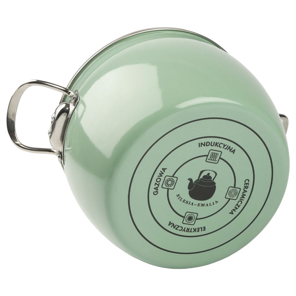 The bottom of a green enamel pot is shown, with text and icons indicating its compatibility with different stovetops.