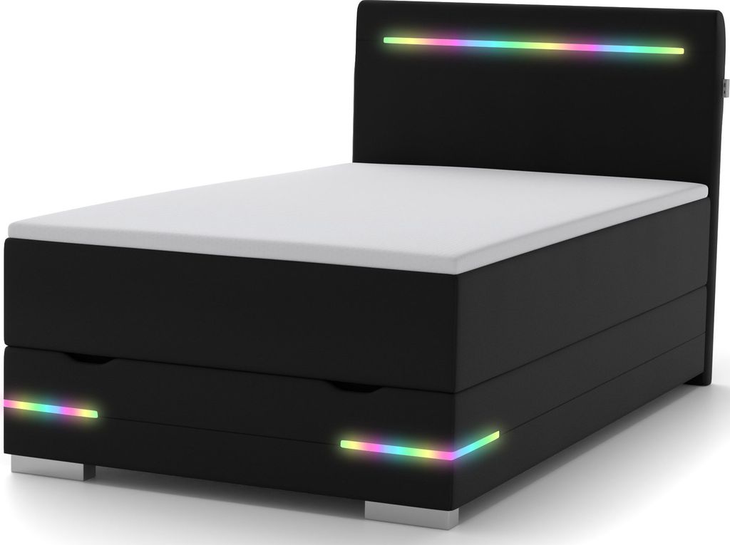 Texas Boxspringbett 90x200 mit Bettkasten, LED Beleuchtung und USB Anschluss- bequemes LED-Bett mit einzigartiger Optik - Stauraumbett 90 x 200 cm