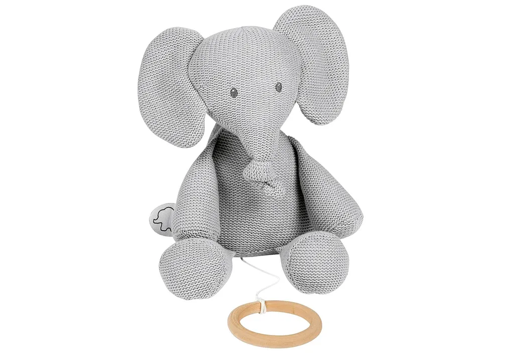 Doudou musical éléphant en tricot Tembo - Jouet d'éveil pour nouveau-né