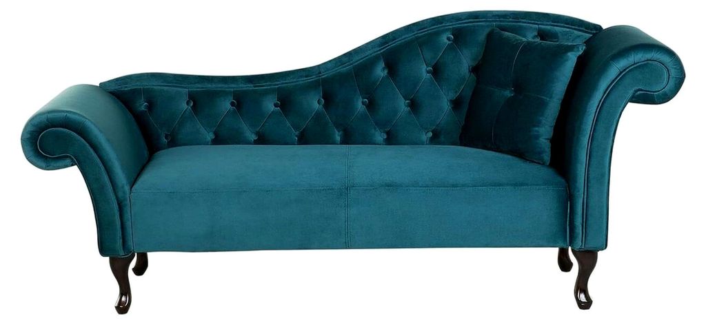 Chaiselongue Samt blaugrün links gesteppt mit Kissen im Chesterfield-Stil