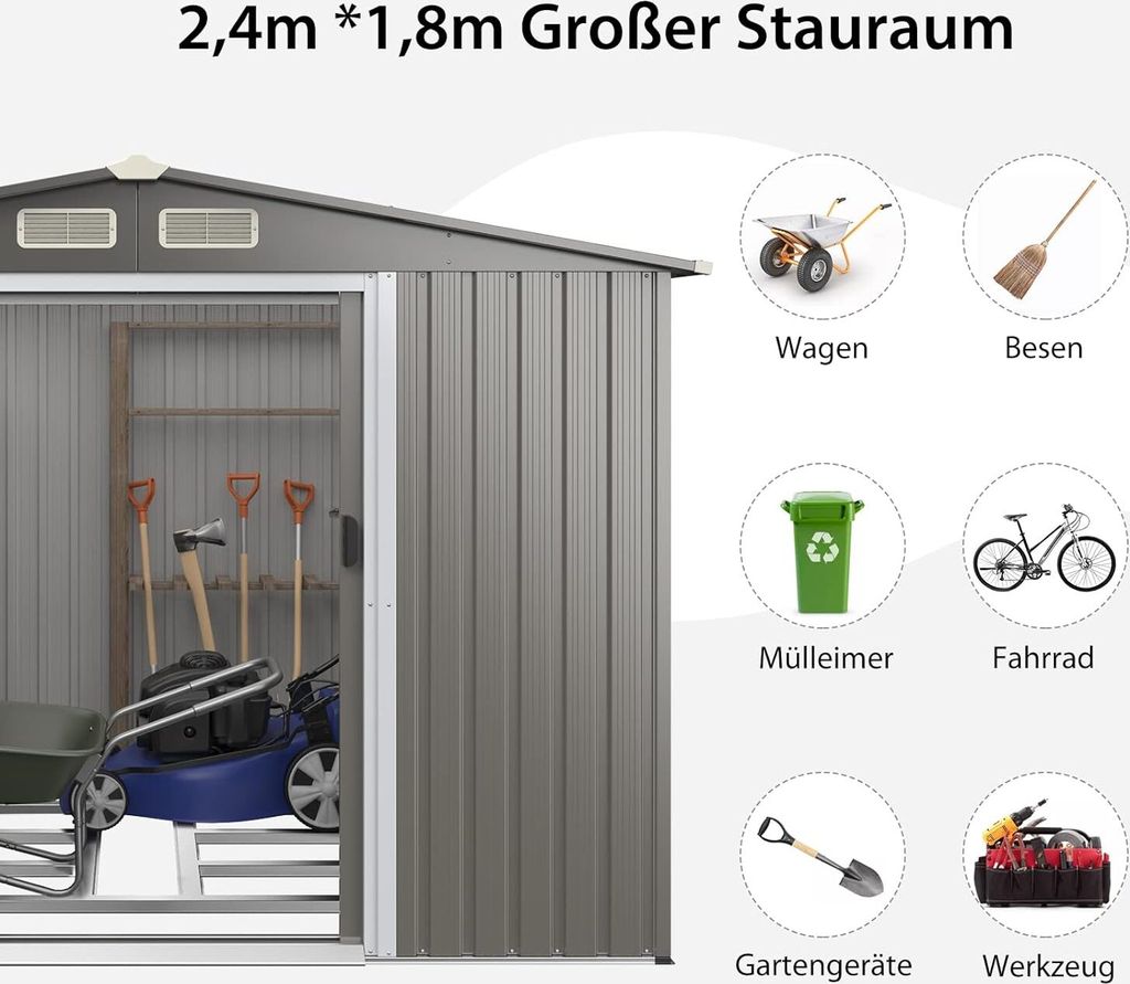 A marketing image showing a garden shed with various garden tools and equipment, along with icons representing items that can be stored in the shed.