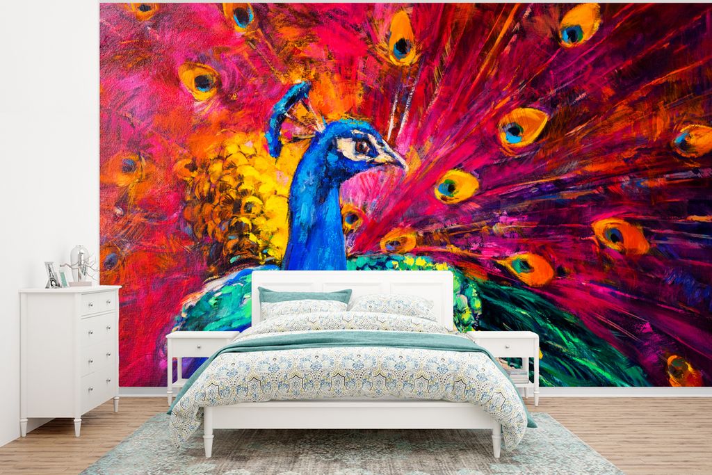 MuchoWow Fototapete für Wohnzimmer oder Schlafzimmer Wandtapete Vinyl Motivtapete Gemälde - Vogel - Pfau - Ölgemälde - 320x240 cm - Tapeten