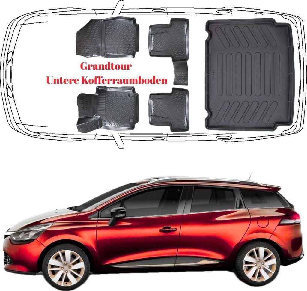 3D Auto Fußmatten & Untere Kofferraumwanne Set Kompatibel mit Renault Clio IV Grandtour 2012-2020
