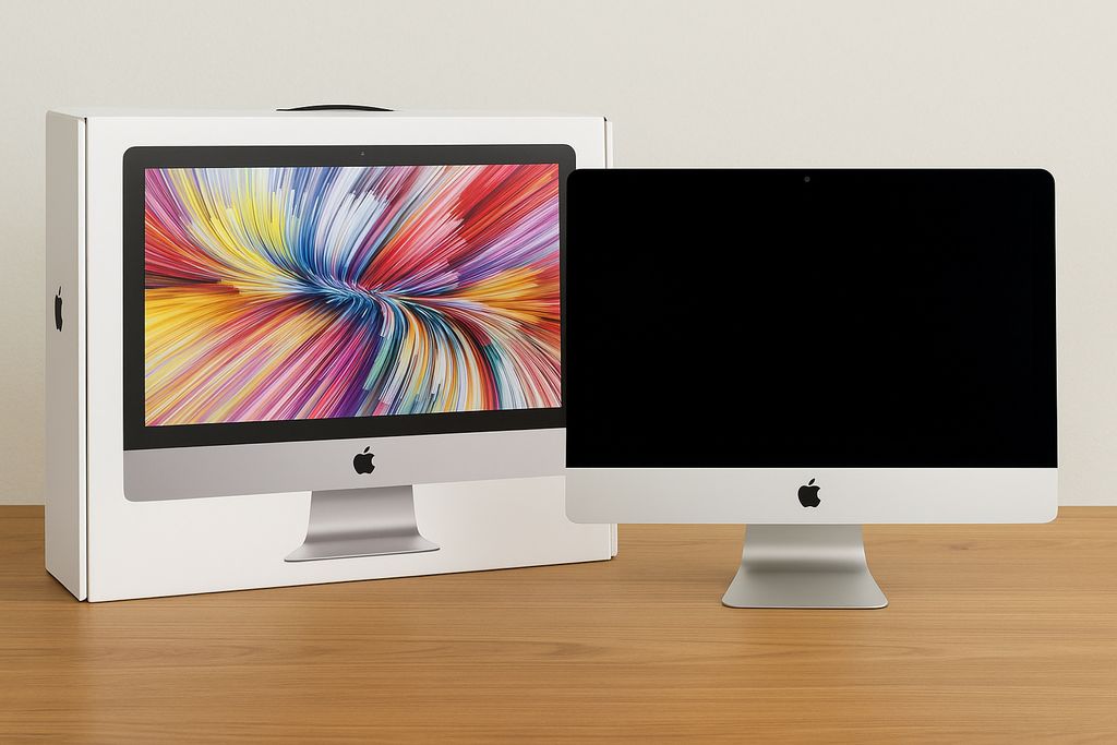 An Apple iMac computer and its packaging are displayed on a wooden surface.