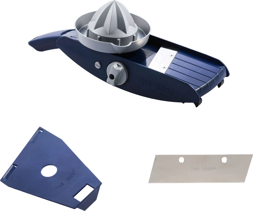 A kitchen tool set including a mandoline slicer with a citrus juicer attachment, a blade, and a protective guard, displayed against a white background.