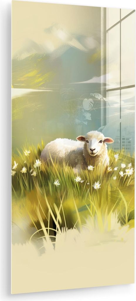MuchoWow Glasbilder - Bilder auf Wandbild - Foto auf Glas Schafe - Wiese - Grün 40x80 cm Wanddekoration aus Glas - Acrylglasbild - Acrylbilder - W...