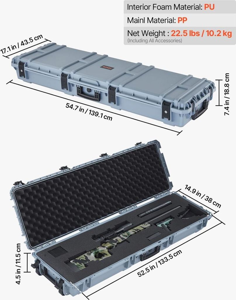 Hard Rifle Case, Lockable Rifle Case with Pre-cut Foams, 1320 mm Gun Storage with Wheels, Heavy Duty IP67 Waterproof & Dustproof Pistol Storage Cas...