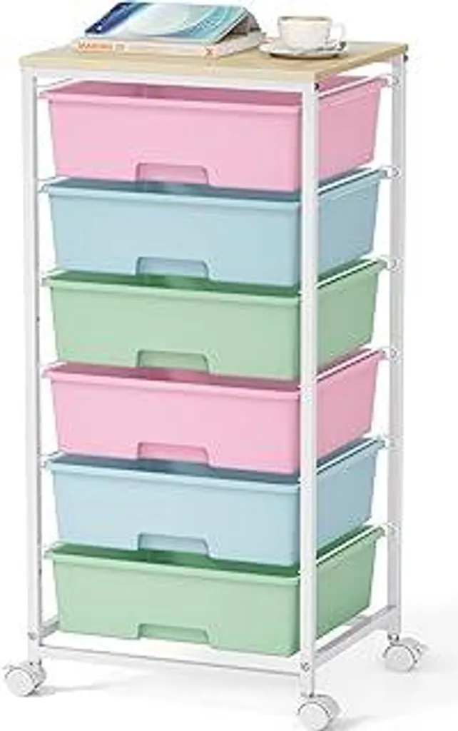 Carrello a 6 cassetti con piano in legno - Robusto contenitore su ruote in plastica, carrello mobile per ufficio, camera dei bambini e stanza dei hobby - Carrello da bagno con ruote bloccabili, multicolore