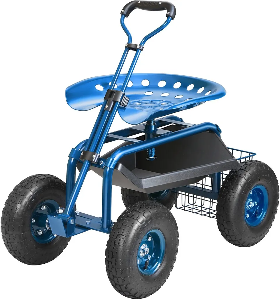 Carrello da officina rotante in acciaio con capacità di carico fino a 136 kg Carrello da giardino con manico da 25 cm e sedile regolabile in altezza da 45 a 54 cm Carrello rotante Pressione pneumatici 30 PSI Sedile da lavoro Sedile da giardino blu - 9