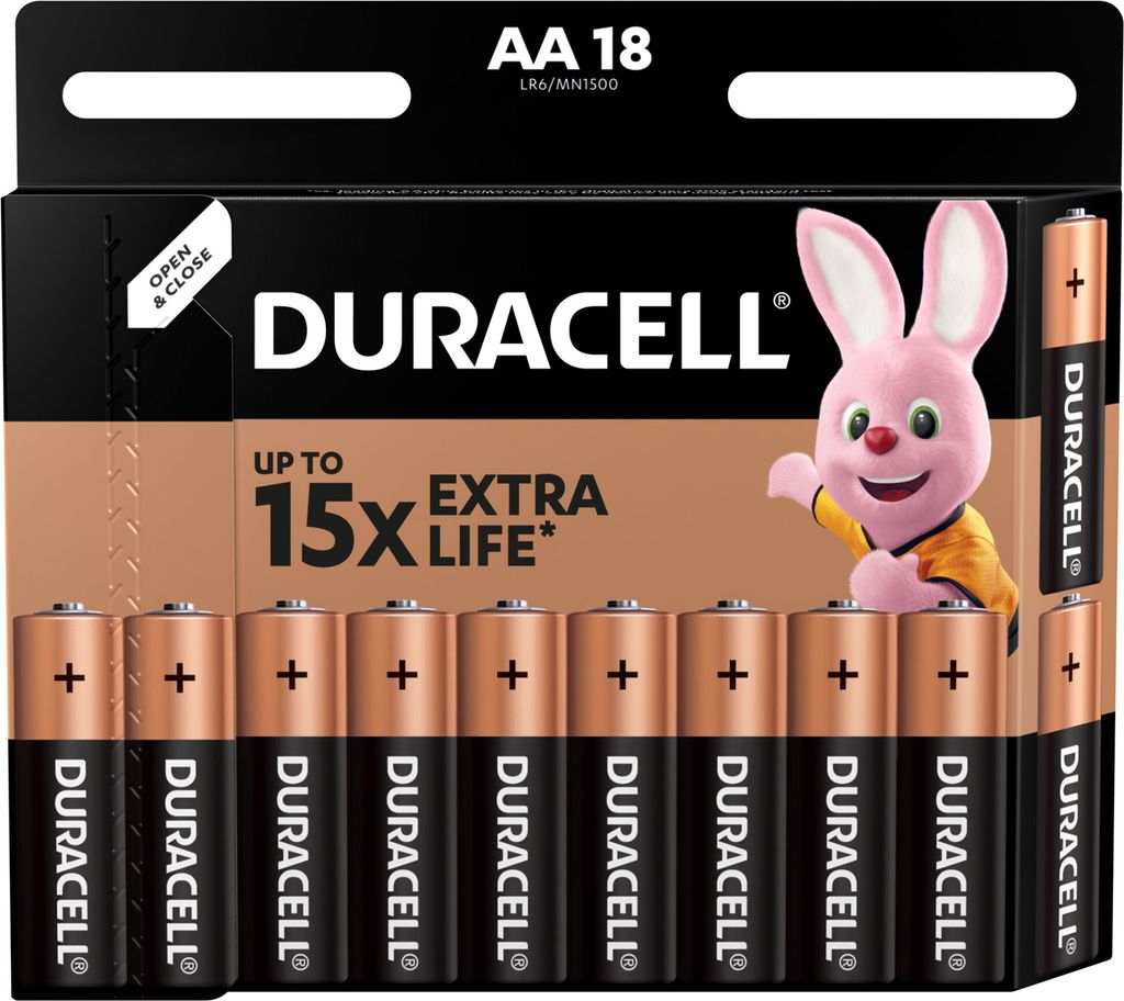 A package of Duracell AA batteries with a cartoon bunny mascot.