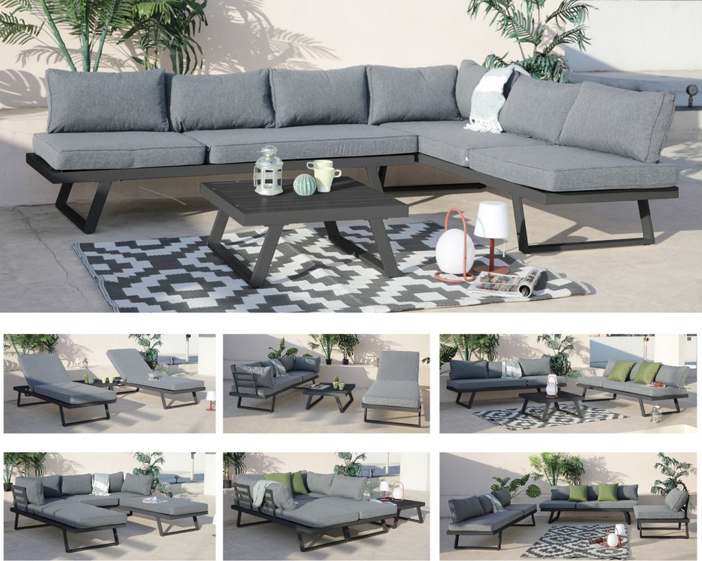 ALEOS. Gartenlounge Lounge aus Aluminium Multifunktionslounge Loungeecke Lounge Set Loungegarnitur Sitzgruppe Doppelliege Sofagarnitur CANCUN grau ...