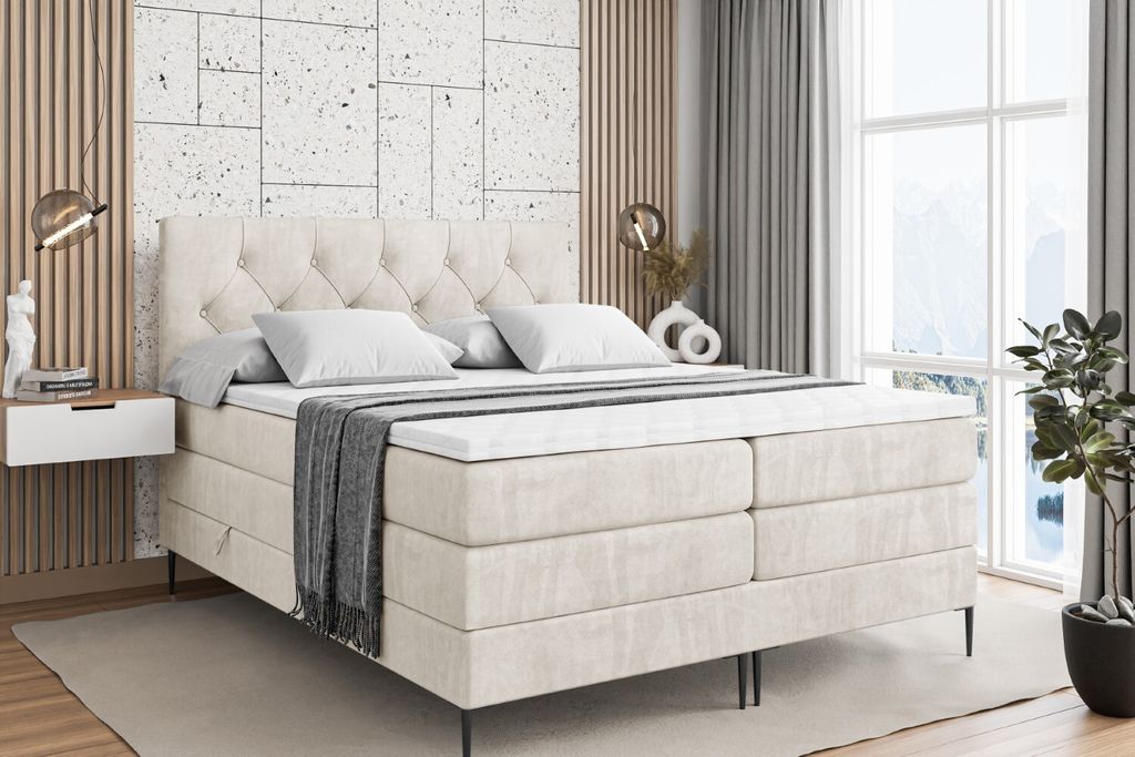 ALTDECOR Boxspringbett mit Schwarz Füßen, Matratze und Lattenrost, Topper, Polsterbett mit Bettkasten, Bett mit Stauraum H3- und H4- Matratze, Do...