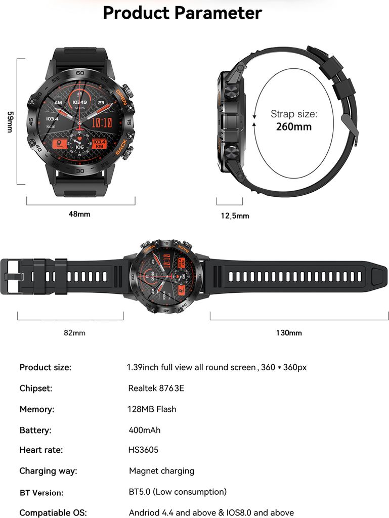 K52 Smartwatch, Sportuhr, 1,39 Zoll IPS-Touchscreen, Produktbild 15
