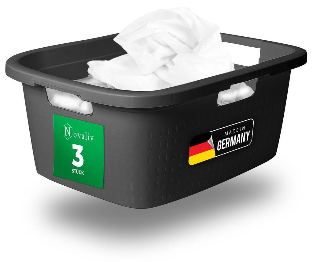 Novaliv 3er-Pack Wäschewanne mit 3 Griffen 25L Anthrazit, Produktbild 