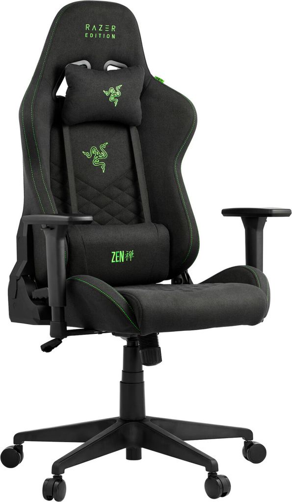 A black gaming chair with green accents and logos.