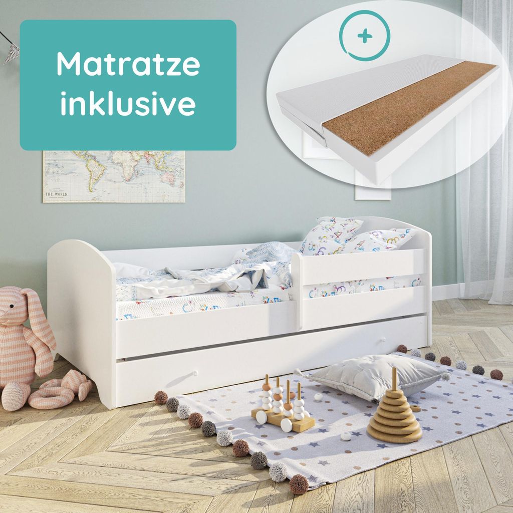 Kids Collective Kinderbett 70x140 / 80x160 Komplett Set inkl. Matratze, Lattenrost, Schublade & Rausfallschutz | Einzelbett für Kinder von 2 – 1...