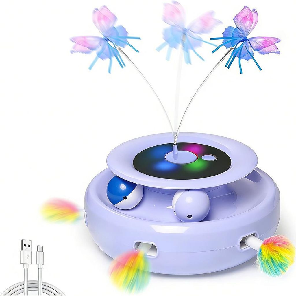 3-in-1 Automatisches Katzenspielzeug – Feder+Schmetterling+Ballspur, USB-aufladbar für Indoor-Katzen