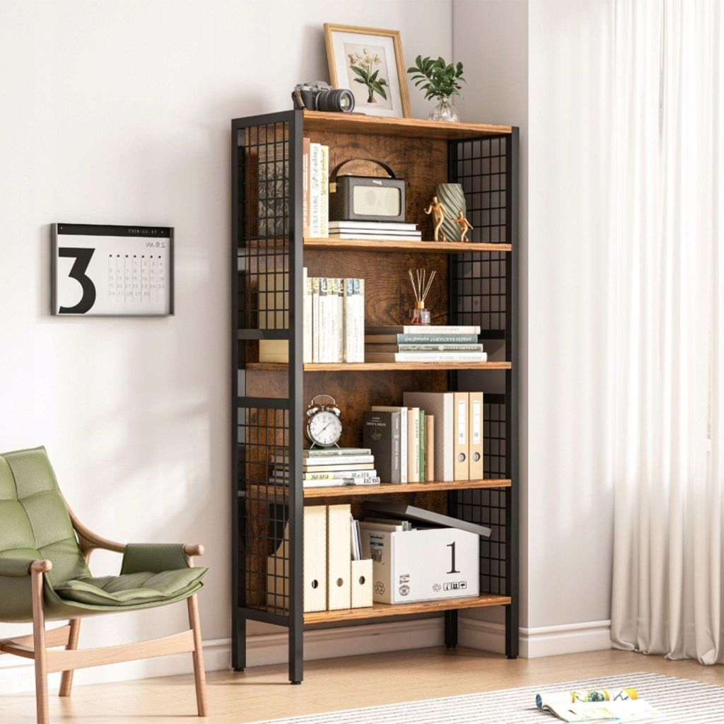 A bookshelf filled with books and decorative items, next to a chair and a calendar on the wall.