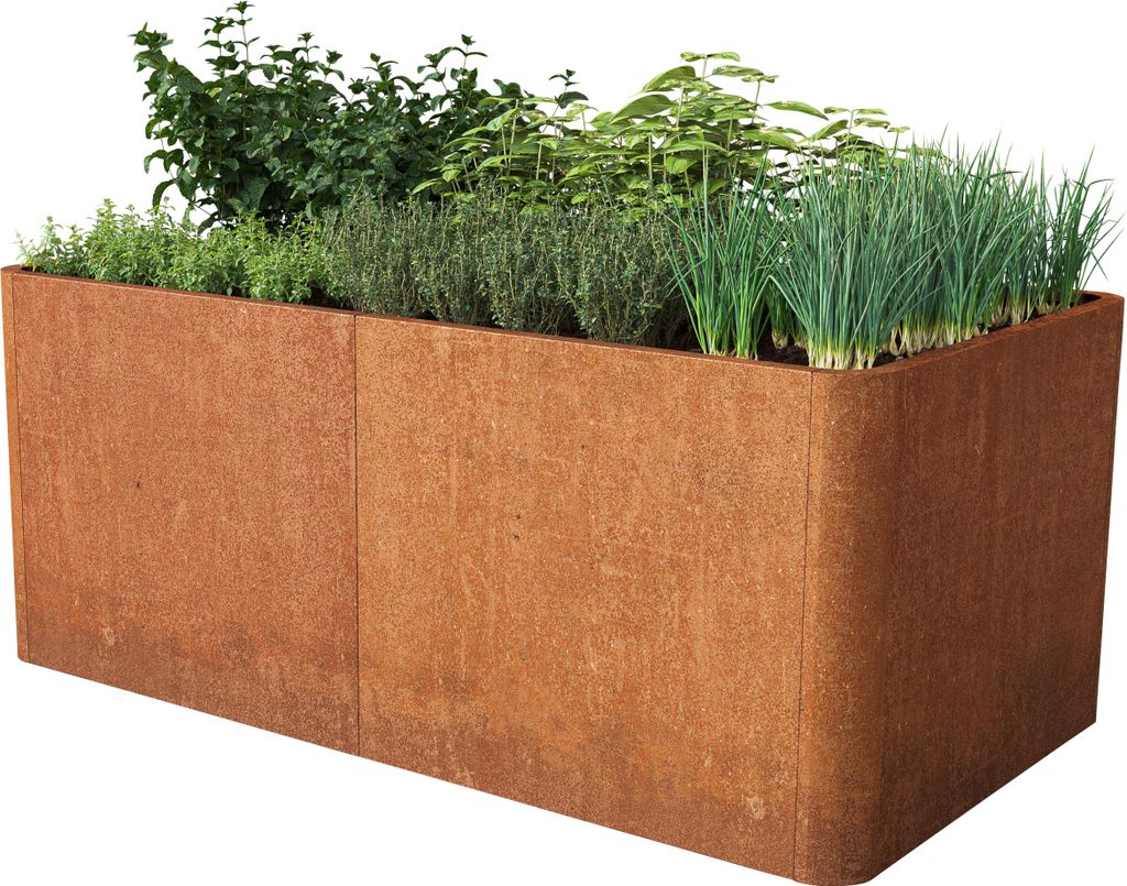 A rectangular planter box made of Corten steel, filled with various herbs and green onions.