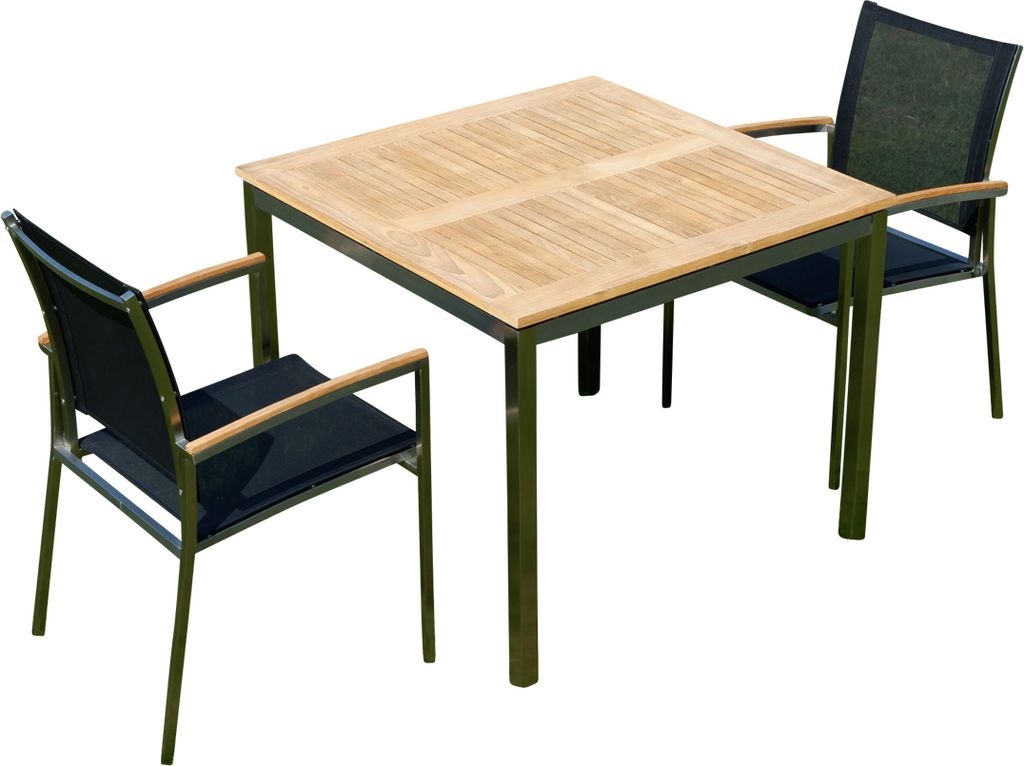 ALEOS. Gartengarnitur Edelstahl Batyline A-Grade Teak Holz Set: Tisch 90x90 cm + 2 Sessel Serie KUBA-SCHWARZ Gastroqualität