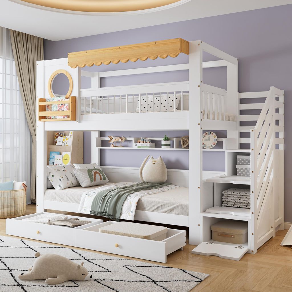 A white bunk bed with stairs and storage in a bedroom.