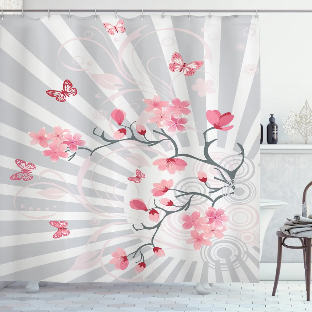 ABAKUHAUS Tenda da doccia con motivi floreali, uccellini su ciliegio, acqua, opaca, incl. 12 anelli, resistente a batteri e muffe, 175 x 240 cm, grigio chiaro rosa
