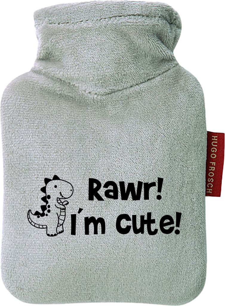Huuraa Mini-Wärmflasche T-Rex I`m cute 0,2 Liter Grey Mini Veloursbezug Taschenwärmer Geschenkidee