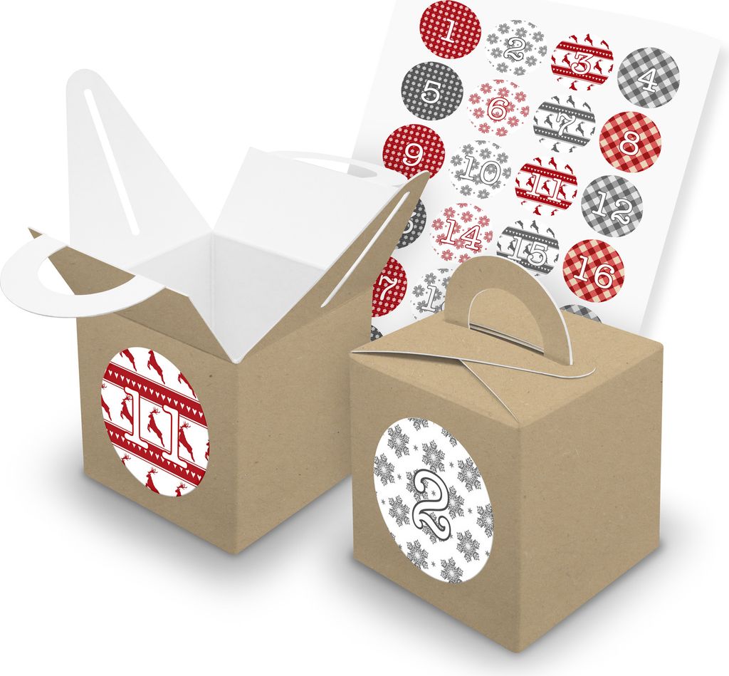 itenga SET V43 Adventskalender Würfelbox mit Griff Braun + Zahlensticker Z07