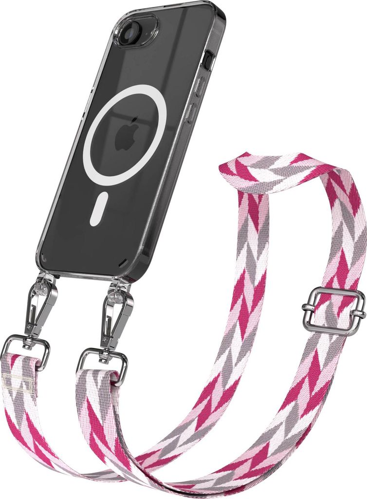 EAZY CASE - Handykette mit MagSafe Hülle für Apple iPhone 16e, Handyband Mix Style, Karabiner Silber, Umhängeband in Rosa