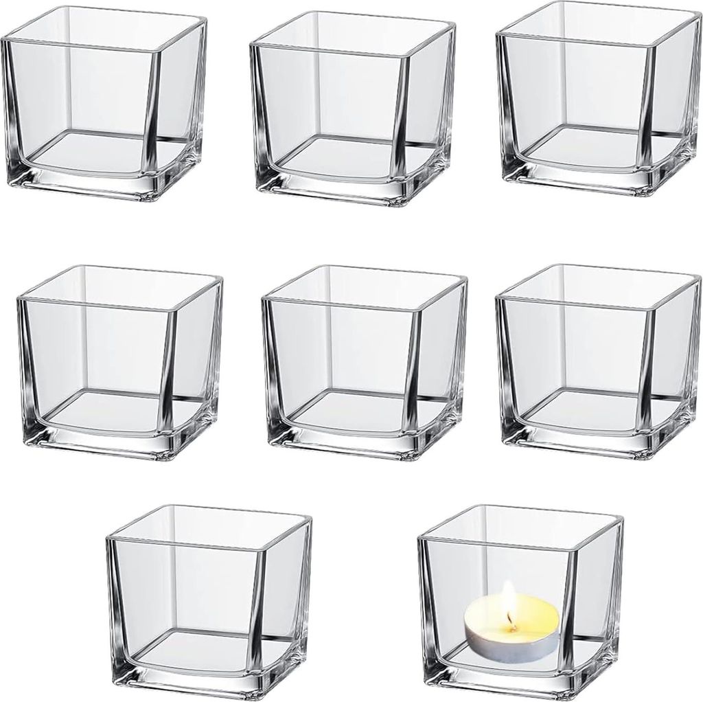Teelichthalter Set 8 Stück Kerzenhalter Glas, Teelichtgläser 5.2cm Kerzenglas Hochzeiten,Geburtstage,Quadratische Transparente Kleine Glaskerzenh...