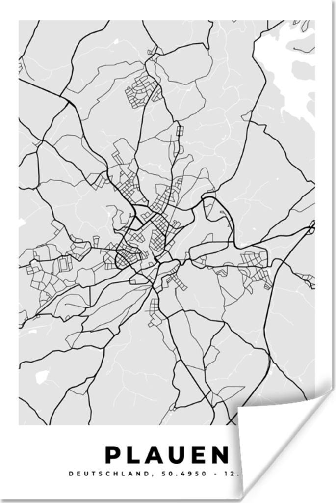 MuchoWow Poster Karte - Plauen - Deutschland - Stadtplan 60x90 cm - Wanddekoration