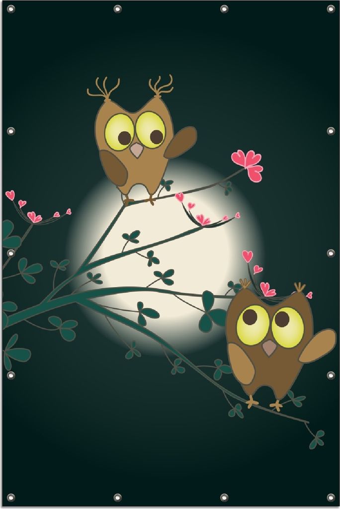 Wallario Outdoor-Poster für Garten oder Balkon, Motiv Süße verliebte Eulen auf dem Ast bei Nacht im Mondschein, in ca. 120 x 180 cm